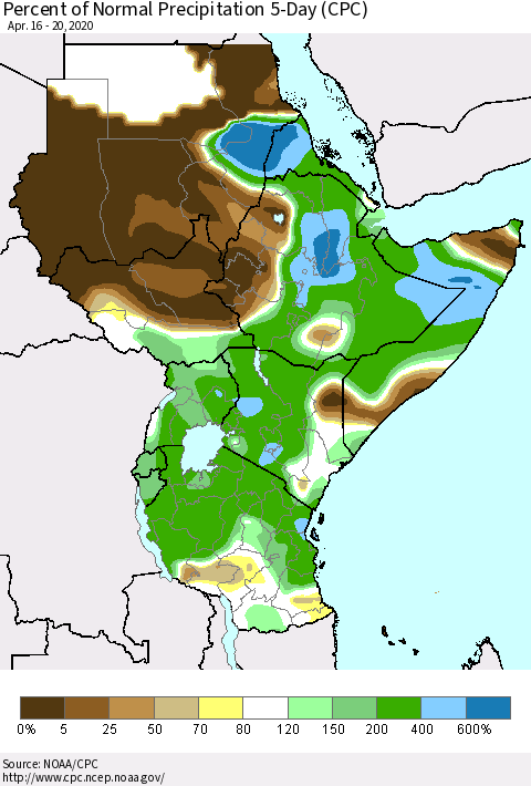 Eastern Africa Percent of Normal Precipitation 5-Day (CPC) Thematic Map For 4/16/2020 - 4/20/2020