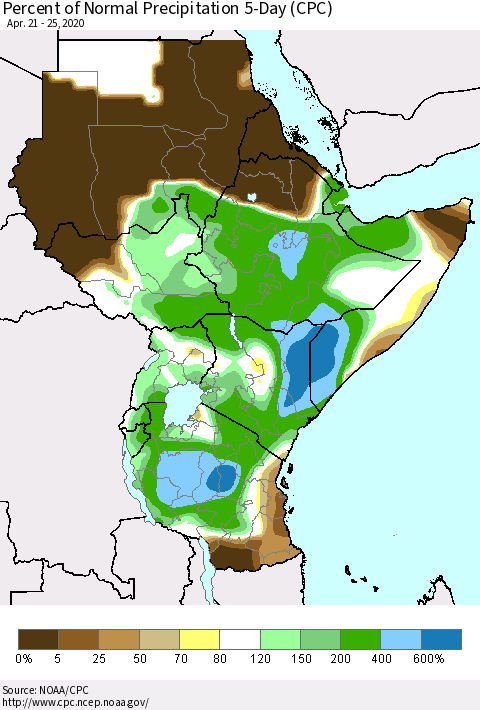 Eastern Africa Percent of Normal Precipitation 5-Day (CPC) Thematic Map For 4/21/2020 - 4/25/2020