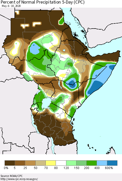 Eastern Africa Percent of Normal Precipitation 5-Day (CPC) Thematic Map For 5/6/2020 - 5/10/2020