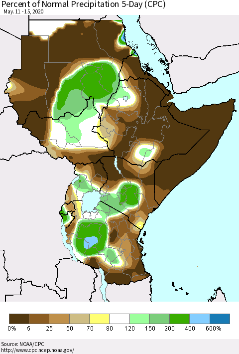 Eastern Africa Percent of Normal Precipitation 5-Day (CPC) Thematic Map For 5/11/2020 - 5/15/2020