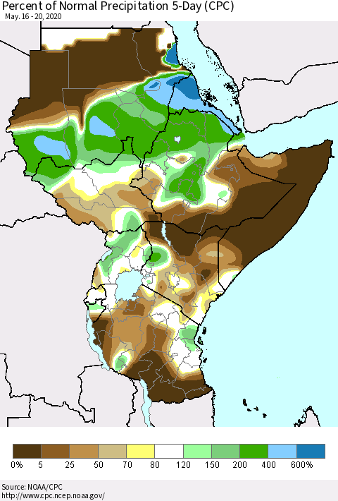 Eastern Africa Percent of Normal Precipitation 5-Day (CPC) Thematic Map For 5/16/2020 - 5/20/2020