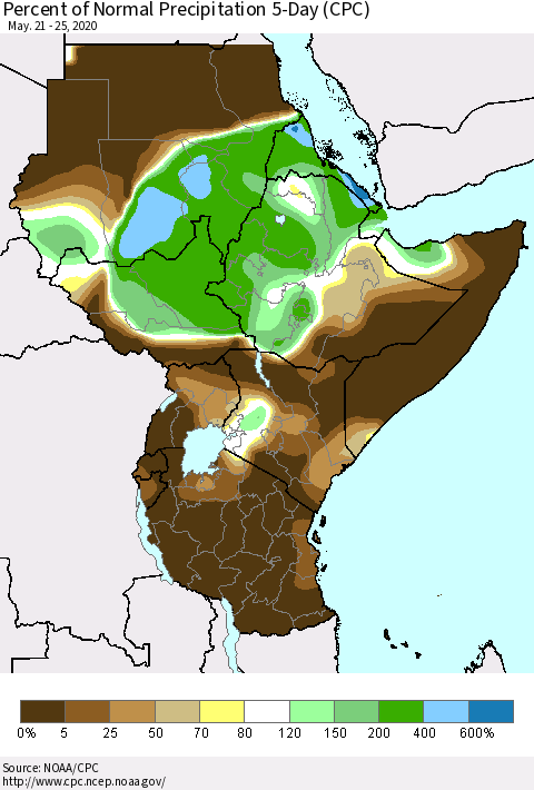 Eastern Africa Percent of Normal Precipitation 5-Day (CPC) Thematic Map For 5/21/2020 - 5/25/2020