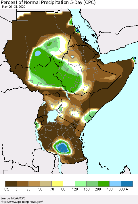 Eastern Africa Percent of Normal Precipitation 5-Day (CPC) Thematic Map For 5/26/2020 - 5/31/2020