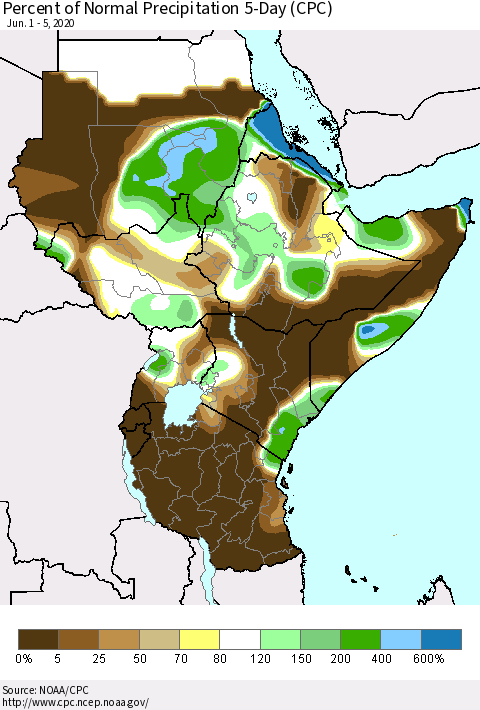 Eastern Africa Percent of Normal Precipitation 5-Day (CPC) Thematic Map For 6/1/2020 - 6/5/2020