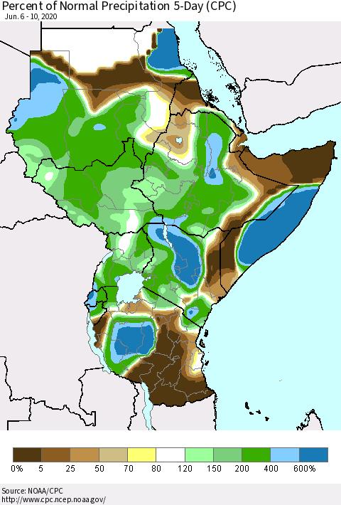 Eastern Africa Percent of Normal Precipitation 5-Day (CPC) Thematic Map For 6/6/2020 - 6/10/2020