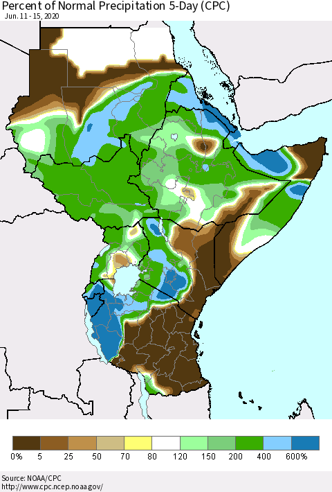 Eastern Africa Percent of Normal Precipitation 5-Day (CPC) Thematic Map For 6/11/2020 - 6/15/2020