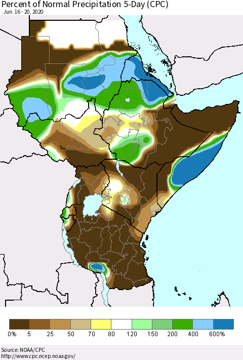 Eastern Africa Percent of Normal Precipitation 5-Day (CPC) Thematic Map For 6/16/2020 - 6/20/2020