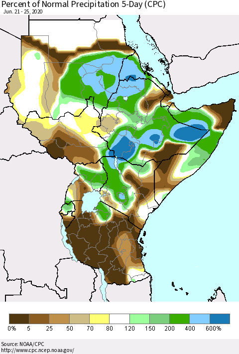 Eastern Africa Percent of Normal Precipitation 5-Day (CPC) Thematic Map For 6/21/2020 - 6/25/2020