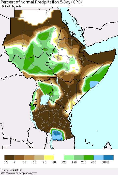 Eastern Africa Percent of Normal Precipitation 5-Day (CPC) Thematic Map For 6/26/2020 - 6/30/2020