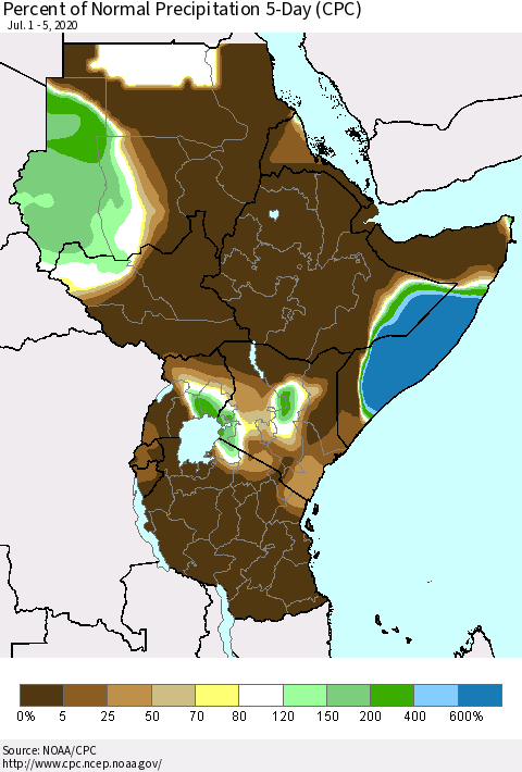 Eastern Africa Percent of Normal Precipitation 5-Day (CPC) Thematic Map For 7/1/2020 - 7/5/2020