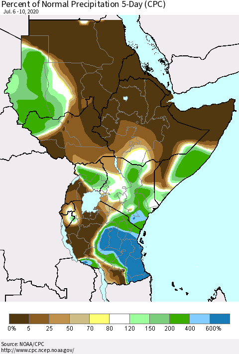 Eastern Africa Percent of Normal Precipitation 5-Day (CPC) Thematic Map For 7/6/2020 - 7/10/2020