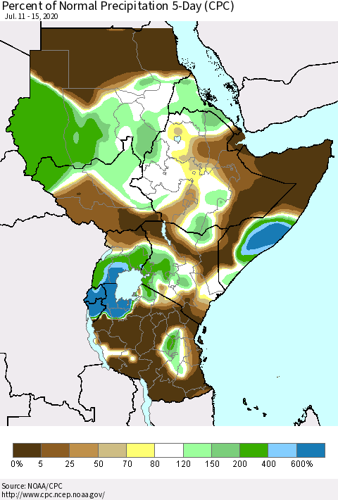 Eastern Africa Percent of Normal Precipitation 5-Day (CPC) Thematic Map For 7/11/2020 - 7/15/2020