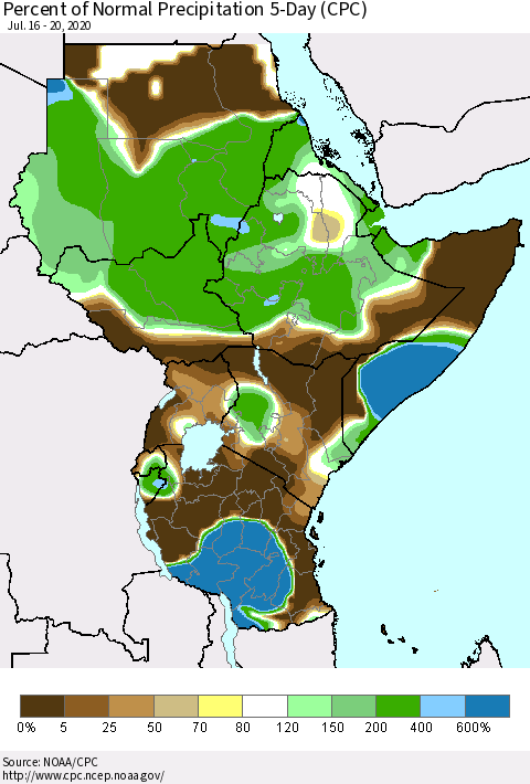 Eastern Africa Percent of Normal Precipitation 5-Day (CPC) Thematic Map For 7/16/2020 - 7/20/2020