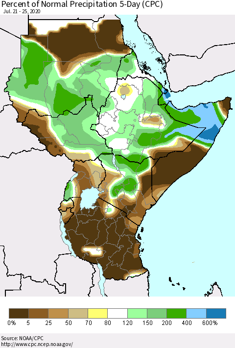 Eastern Africa Percent of Normal Precipitation 5-Day (CPC) Thematic Map For 7/21/2020 - 7/25/2020