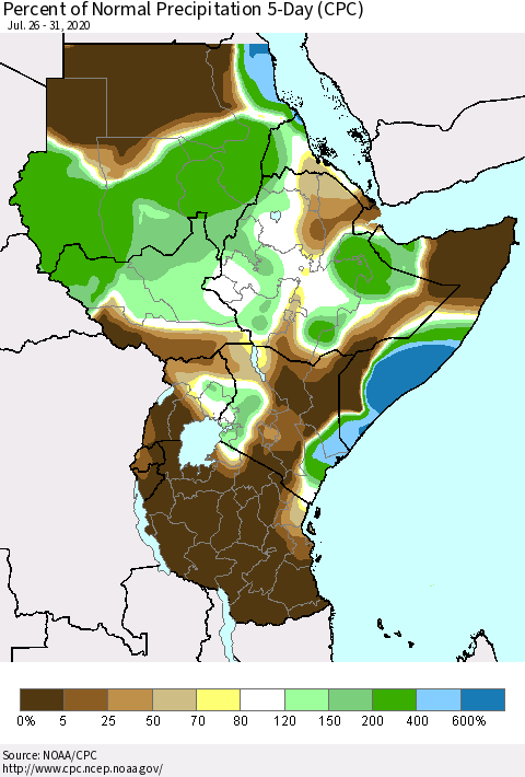Eastern Africa Percent of Normal Precipitation 5-Day (CPC) Thematic Map For 7/26/2020 - 7/31/2020