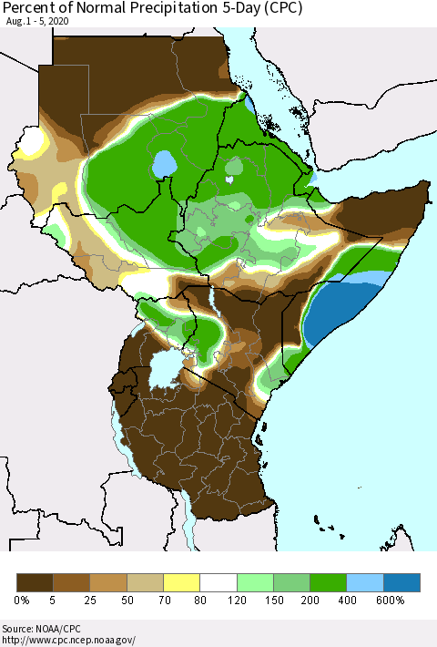 Eastern Africa Percent of Normal Precipitation 5-Day (CPC) Thematic Map For 8/1/2020 - 8/5/2020