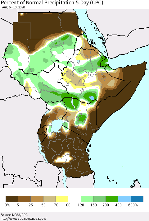 Eastern Africa Percent of Normal Precipitation 5-Day (CPC) Thematic Map For 8/6/2020 - 8/10/2020
