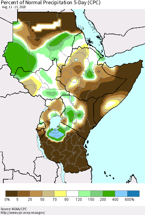 Eastern Africa Percent of Normal Precipitation 5-Day (CPC) Thematic Map For 8/11/2020 - 8/15/2020