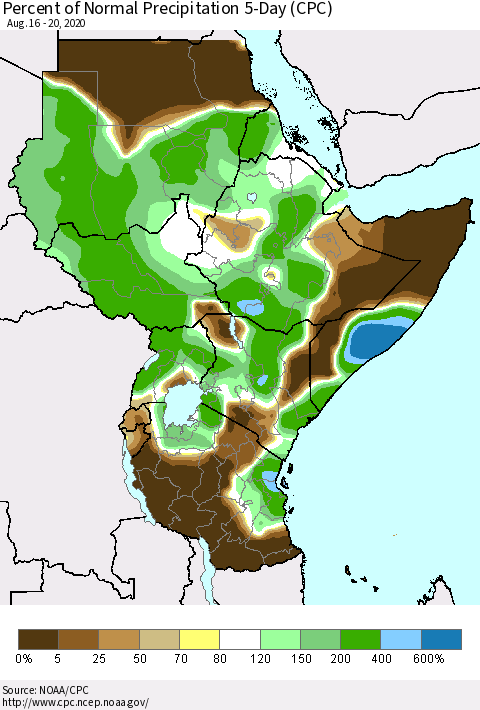 Eastern Africa Percent of Normal Precipitation 5-Day (CPC) Thematic Map For 8/16/2020 - 8/20/2020