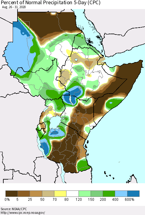 Eastern Africa Percent of Normal Precipitation 5-Day (CPC) Thematic Map For 8/26/2020 - 8/31/2020