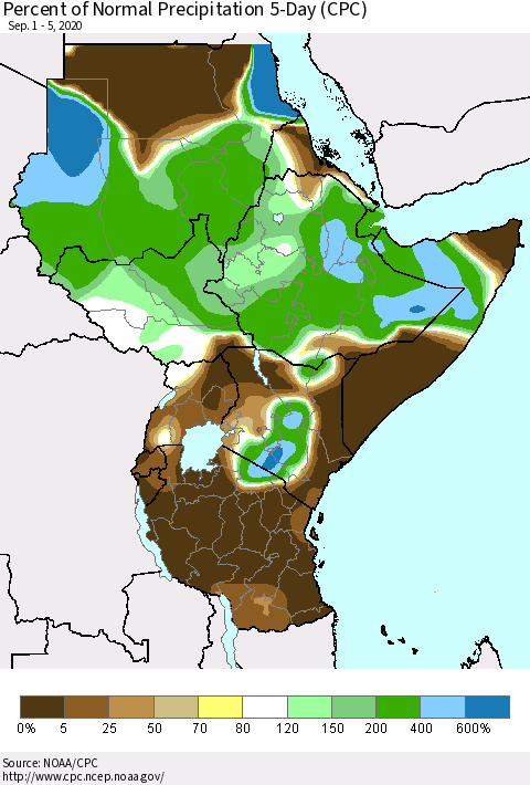 Eastern Africa Percent of Normal Precipitation 5-Day (CPC) Thematic Map For 9/1/2020 - 9/5/2020
