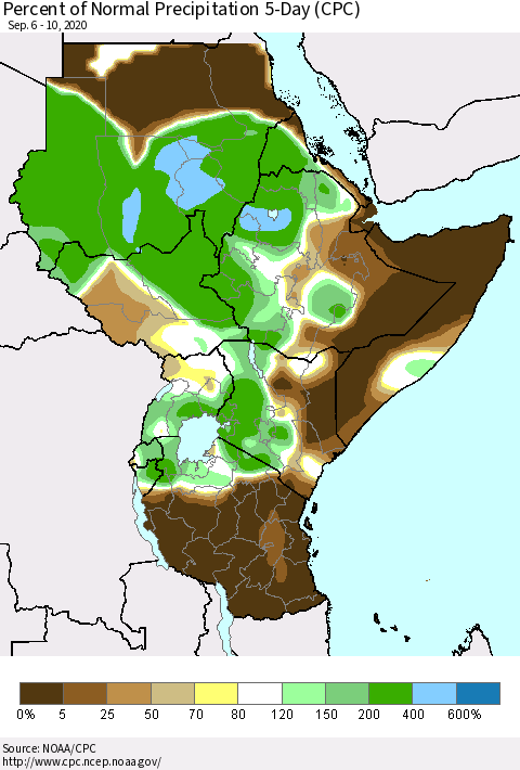 Eastern Africa Percent of Normal Precipitation 5-Day (CPC) Thematic Map For 9/6/2020 - 9/10/2020