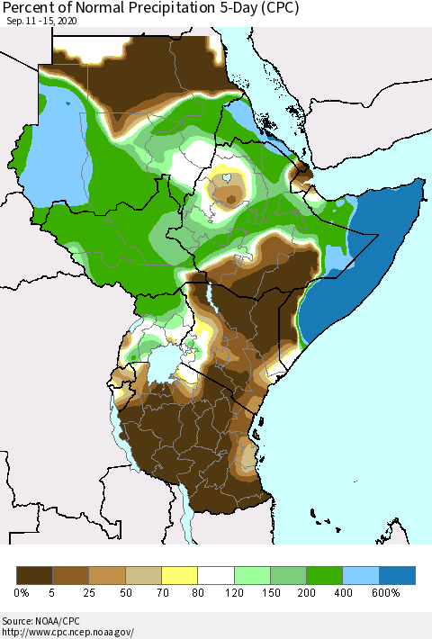 Eastern Africa Percent of Normal Precipitation 5-Day (CPC) Thematic Map For 9/11/2020 - 9/15/2020