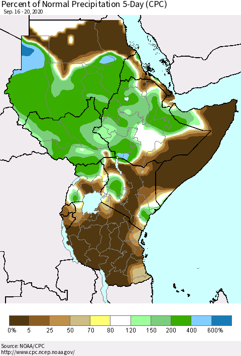 Eastern Africa Percent of Normal Precipitation 5-Day (CPC) Thematic Map For 9/16/2020 - 9/20/2020