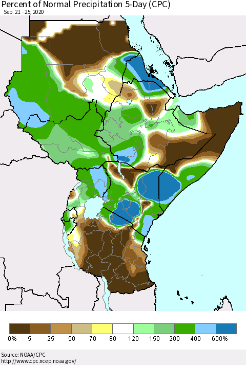 Eastern Africa Percent of Normal Precipitation 5-Day (CPC) Thematic Map For 9/21/2020 - 9/25/2020