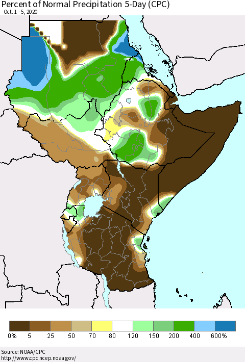 Eastern Africa Percent of Normal Precipitation 5-Day (CPC) Thematic Map For 10/1/2020 - 10/5/2020