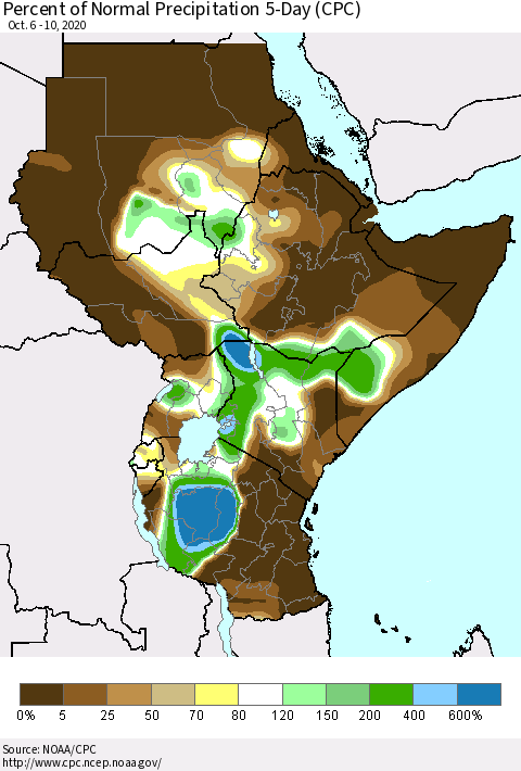 Eastern Africa Percent of Normal Precipitation 5-Day (CPC) Thematic Map For 10/6/2020 - 10/10/2020