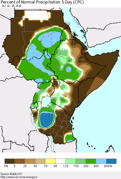 Eastern Africa Percent of Normal Precipitation 5-Day (CPC) Thematic Map For 10/16/2020 - 10/20/2020