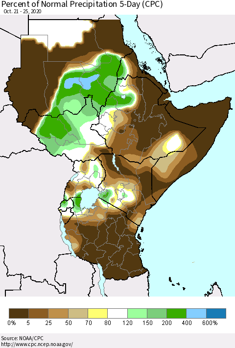 Eastern Africa Percent of Normal Precipitation 5-Day (CPC) Thematic Map For 10/21/2020 - 10/25/2020