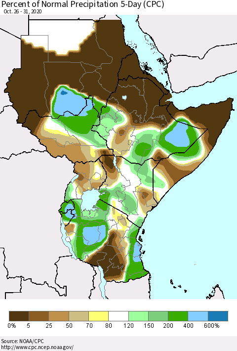 Eastern Africa Percent of Normal Precipitation 5-Day (CPC) Thematic Map For 10/26/2020 - 10/31/2020