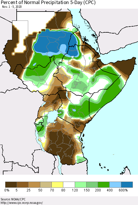 Eastern Africa Percent of Normal Precipitation 5-Day (CPC) Thematic Map For 11/1/2020 - 11/5/2020