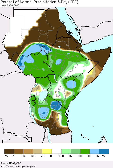 Eastern Africa Percent of Normal Precipitation 5-Day (CPC) Thematic Map For 11/6/2020 - 11/10/2020