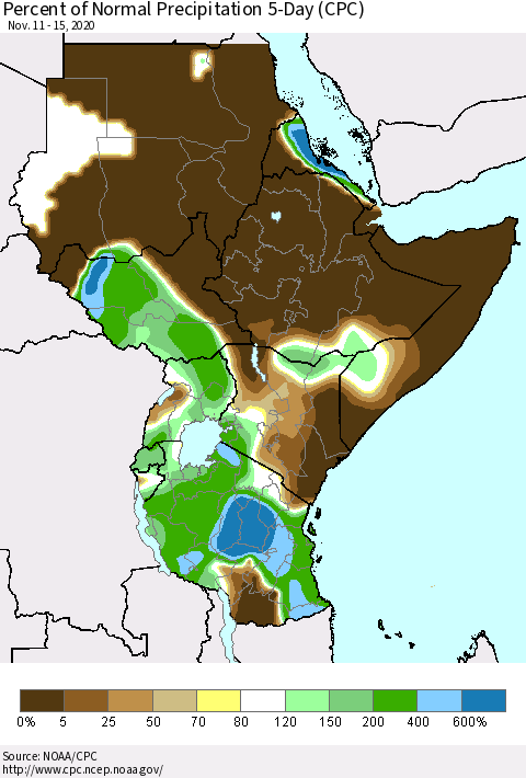 Eastern Africa Percent of Normal Precipitation 5-Day (CPC) Thematic Map For 11/11/2020 - 11/15/2020