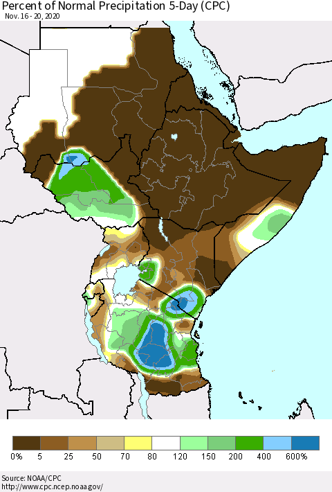 Eastern Africa Percent of Normal Precipitation 5-Day (CPC) Thematic Map For 11/16/2020 - 11/20/2020