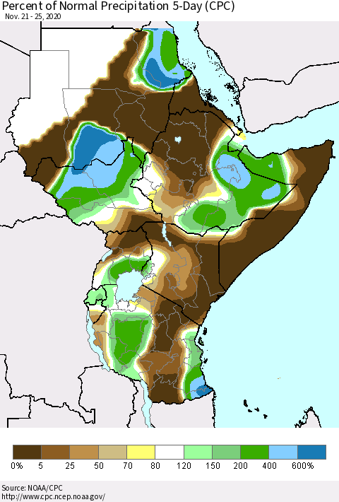 Eastern Africa Percent of Normal Precipitation 5-Day (CPC) Thematic Map For 11/21/2020 - 11/25/2020