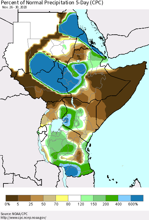 Eastern Africa Percent of Normal Precipitation 5-Day (CPC) Thematic Map For 11/26/2020 - 11/30/2020