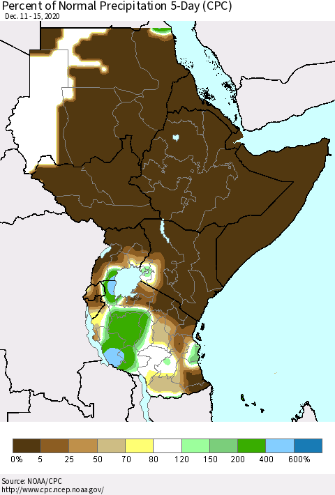Eastern Africa Percent of Normal Precipitation 5-Day (CPC) Thematic Map For 12/11/2020 - 12/15/2020