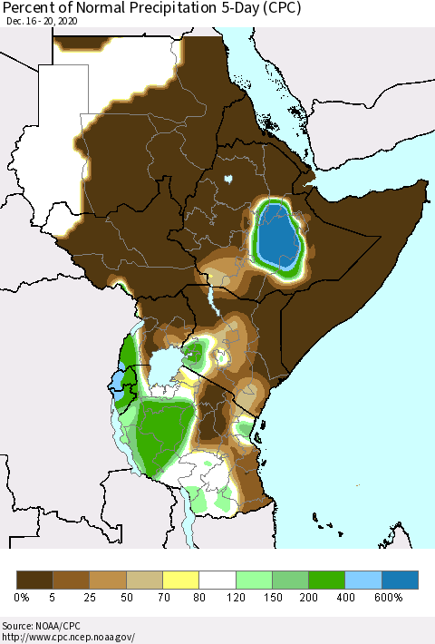 Eastern Africa Percent of Normal Precipitation 5-Day (CPC) Thematic Map For 12/16/2020 - 12/20/2020