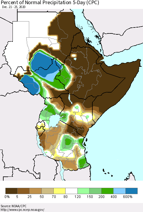Eastern Africa Percent of Normal Precipitation 5-Day (CPC) Thematic Map For 12/21/2020 - 12/25/2020