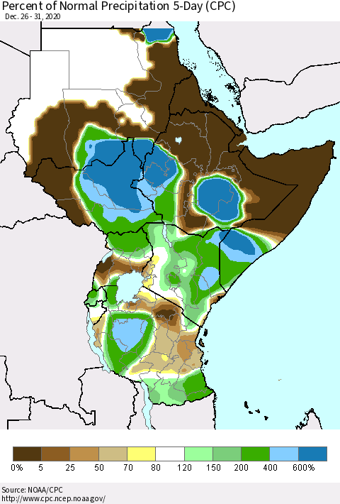 Eastern Africa Percent of Normal Precipitation 5-Day (CPC) Thematic Map For 12/26/2020 - 12/31/2020