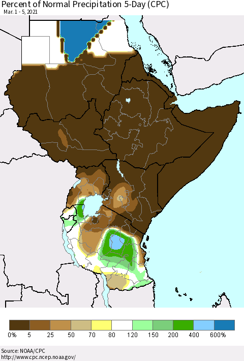 Eastern Africa Percent of Normal Precipitation 5-Day (CPC) Thematic Map For 3/1/2021 - 3/5/2021