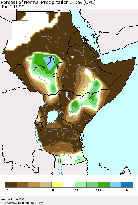 Eastern Africa Percent of Normal Precipitation 5-Day (CPC) Thematic Map For 3/11/2021 - 3/15/2021