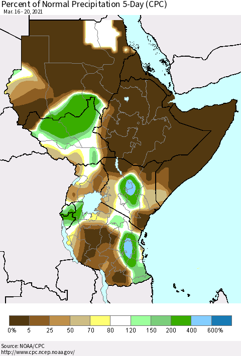 Eastern Africa Percent of Normal Precipitation 5-Day (CPC) Thematic Map For 3/16/2021 - 3/20/2021