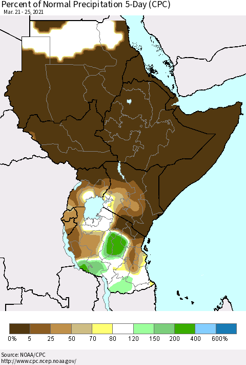 Eastern Africa Percent of Normal Precipitation 5-Day (CPC) Thematic Map For 3/21/2021 - 3/25/2021