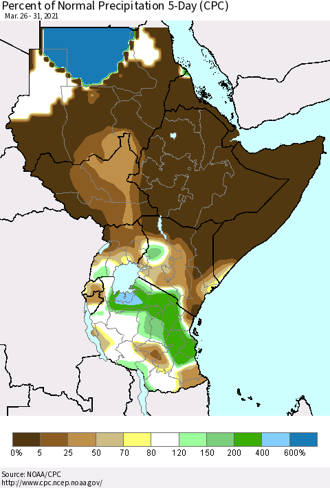 Eastern Africa Percent of Normal Precipitation 5-Day (CPC) Thematic Map For 3/26/2021 - 3/31/2021