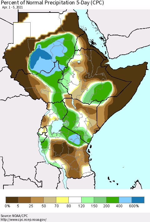 Eastern Africa Percent of Normal Precipitation 5-Day (CPC) Thematic Map For 4/1/2021 - 4/5/2021
